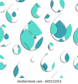 Seamless 3d pattern. Paper water drops background.  Cutout vector paper collage. Geometric design for banner, cover, brochure, flyer, template. 