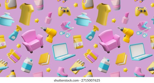 Un patrón 3D sin fisuras con varios artículos para el hogar, electrónica, ropa, muebles y accesorios para bebés. Embalaje de Producto, Fondo de pantalla para un Sitio web de mercado. Vector ilustración de dibujos animados.