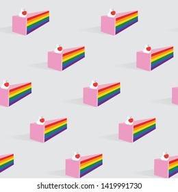 Seamless 3D Rainbow Flag Cake Cream Cherry Pale Gray Background Vector Pattern