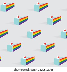 Seamless 3D Rainbow Flag Cake Pale Blue Cream Cherry Light Gray Background Vector Pattern