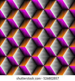 Seamless 3d Rhombus Pattern. Vector Volume Background. Pink and Orange Fashion Ornament. Decorative Geometric Wallpaper