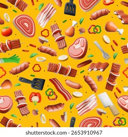 Papel de parede 3D sem costura com pedaços de carne, kebab, salsichas, bacon, costelas e pedaços de vegetais. Celebração do festival do churrasco. Piquenique. Ilustração vetorial. Para têxteis, papel. Fundo amarelo.
