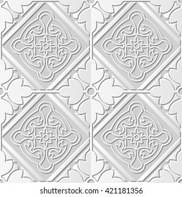 Seamless 3D white paper cut art background 403 square check cross round flower frame
