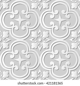 Seamless 3D white paper cut art background 411 round curve cross flower kaleidoscope
