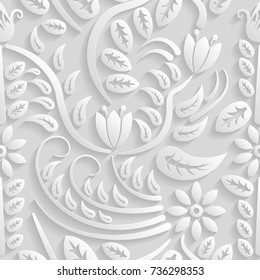 Seamless 3D white pattern, natural  floral pattern, vector. Endless texture can be used for wallpaper, pattern fills, web page  background,  surface textures.