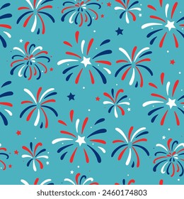 Seamless 4th of July celebration pattern with fireworks. Vector graphics.