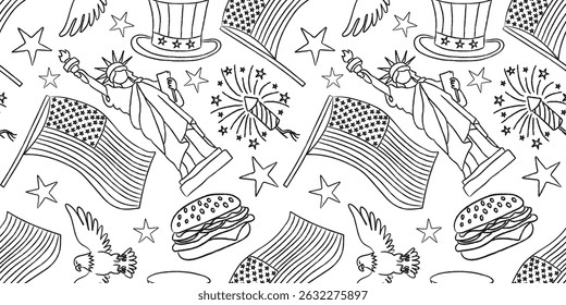 seamless 4th of july pattern black line art white background USA independence day symbols statue of liberty eagle star flag hat burger