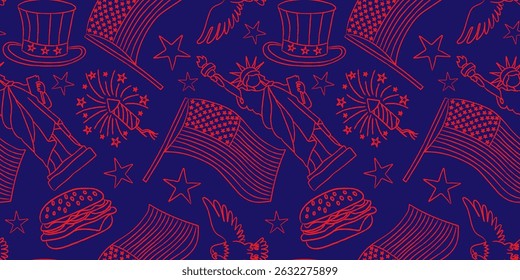 seamless 4th of july pattern red drawn line art on blue background USA independence day symbols statue of liberty flag
