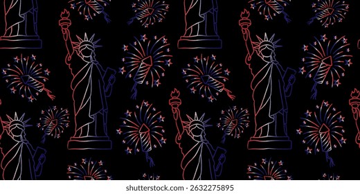 seamless 4th of july pattern statue of liberty fireworks red blue black background flat illustration
