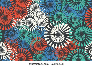 Seamless 5-color pattern. Spiral whirlwinds, fireworks. For design, 3D models, wallpapers and textiles.