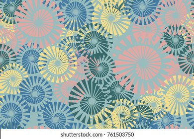 Seamless 5-color pattern. Spiral whirlwinds, fireworks. For design, 3D models, wallpapers and textiles.
