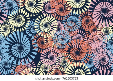 Seamless 5-color pattern. Spiral whirlwinds, fireworks. For design, 3D models, wallpapers and textiles.