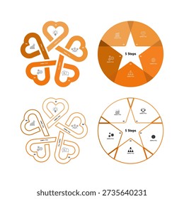 Seamless 5-part circular infographic set for business presentation visual graphics. Vector editable.