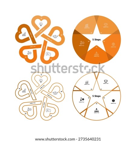 Seamless 5-part circular infographic set for business presentation visual graphics. Vector editable.