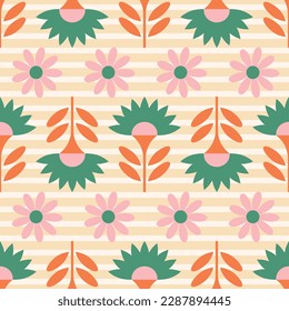 seamless 70s geometric floral daisy orange green pink Vector repeat pattern with geometric flowers.