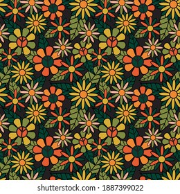 Seamless 70's retro hippie flowers pattern - Vintage groovy all over floral daisy print