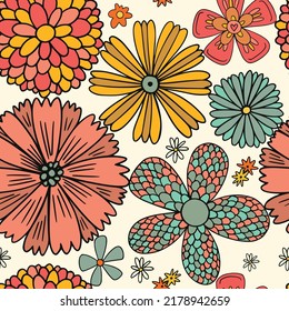 Seamless 70's retro hippie flowers pattern - Vintage groovy all over floral daisy print