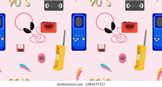 Seamless 80's 90's pattern with vintage items. hipster and colorful style. Vector. y2k background . 90s background 