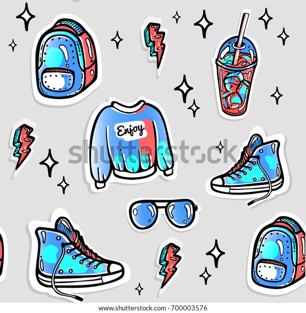 Seamless 80s Patches Stickers Pattern Teen Stock Vector (Royalty Free ...