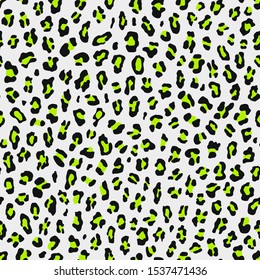 Seamless 80s Retro Style Leopard Print with lime green spots on white background. Vector illustration animal repeat surface pattern. Punk rock style eighties/80s fashion pattern.