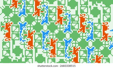 Padrão geométrico de pixels de 8 bits contínuo em combinações de cores vermelho, azul e verde. Perfeito para wallpapers retro, têxteis, fundos de jogo, ou projetos de design gráfico com um tema clássico pixel art. 