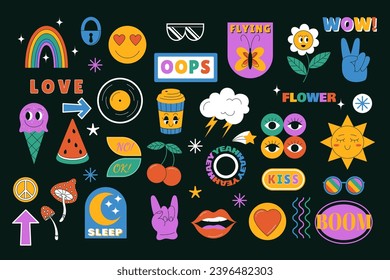 Seamless 90s icon. Fashionable funny pattern in retro 80s style for girl. Positive motivational groovy isolated elements. Modern sun, coffee and rainbow. Vector cool textile garish sticker collection