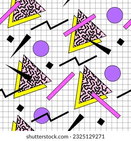Seamless 90s pattern. Graphic in retro style. Vintage aesthetics. Geometric shapes. Textile design from 1990. Abstract decor vector image. Psychedelic trendy art.