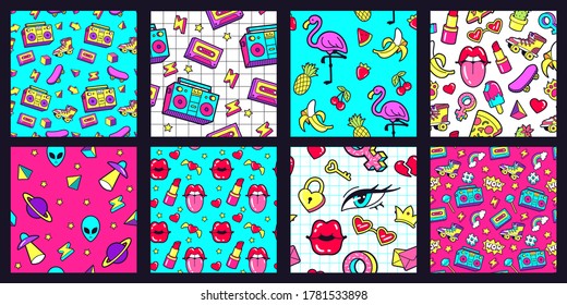 Seamless 90s pattern. Retro 80s pop fashion patterns with funky doodle stickers. Lips, music tape and pink flamingo vector illustration set. Watermelon and banana, cherry and pineapple