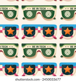 Seamless 90's pattern with striped sunglasses, vector background