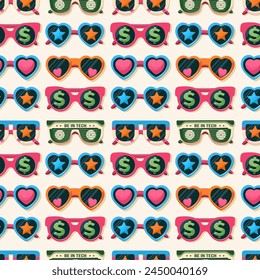 Seamless 90's pattern with striped sunglasses, vector background