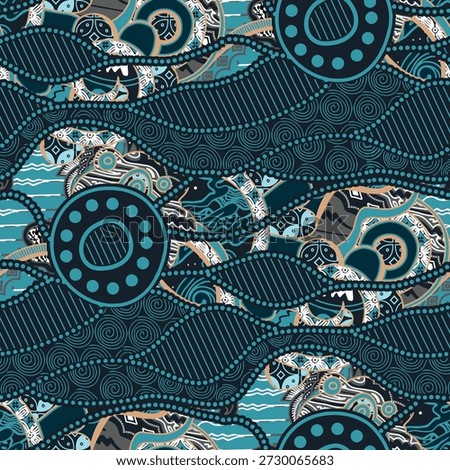 Seamless Aboriginal Inspired Abstract Pattern in Teal and Blue Tones