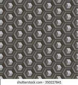 Seamless abstract 3D pattern - cubes in hex concave cells. Color gray - halftone.  Vector illustration EPS8.