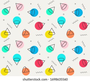 Seamless abstract 80s-90s pattern background.Geometric cone, stripes.Bright : Pink, mint, yellow.Modern party repeated print for textile, fabrics, wrapping, wallpapers. Memphis design style. Vector