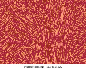 Nahtloses abstraktes, von Tieren inspiriertes Muster mit dynamischen gelben organischen Linien auf bordeauxfarbenem Hintergrund. Plain Print Ornament für Textil-Design, moderne Tapeten, Branding Projekte