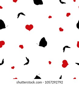 Seamless abstract animal pattern black silhouettes of butterflies and red hearts isolated on white background. Valentines day floral repeating with simple flying butterfly and heart, vector eps 10
