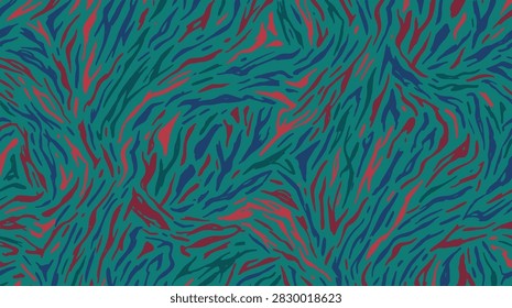 Seamless abstract animal pattern featuring tiger stripes in teal blue and red colors designed for textile and fashion fabric prints and background decoration