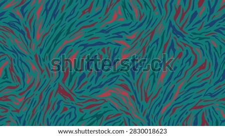 Seamless abstract animal pattern featuring tiger stripes in teal blue and red colors designed for textile and fashion fabric prints and background decoration