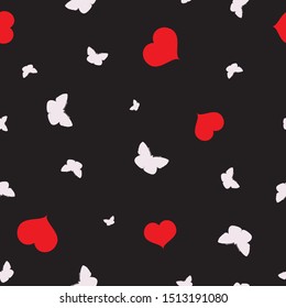 Seamless abstract animal pattern silhouettes of flying white butterflies and red hearts black  background. Valentines day floral texture for fabric textile or wall paper, vector eps 10