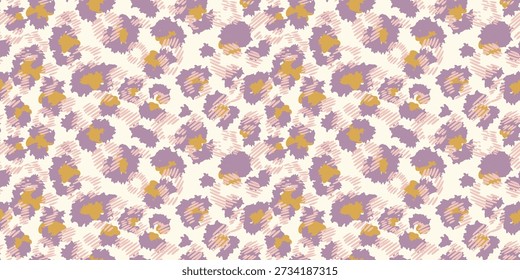Seamless abstract animal print vector pattern with soft leopard style spots in lavender and mustard, layered with hand drawn scribble textures on a light background. Trendy design for textiles, fashion, stationery, and wallpapers.