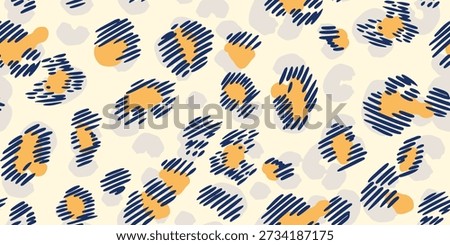 Seamless abstract animal print vector pattern with hand drawn leopard spots in navy blue, mustard yellow, and beige. Modern playful texture for fashion, fabric, wallpaper, and branding