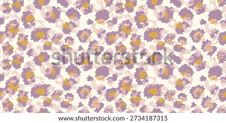 Seamless abstract animal print vector pattern with soft leopard style spots in lavender and mustard, layered with hand drawn scribble textures on a light background. Trendy design for textiles, fashion, stationery, and wallpapers.