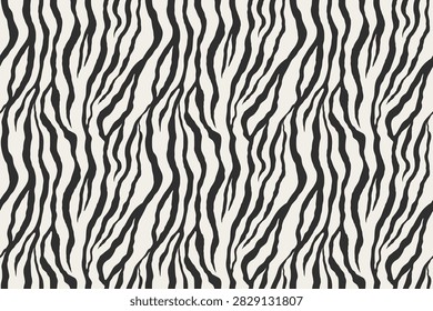 Seamless abstract animal skin pattern. Modern black and white tiger or zebra stripes vector background for fashion, fabric, wallpaper, and graphic design. Stylish wild print.