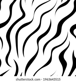 Seamless abstract animal zebra pattern. Vector texture, white background with black waves. Flat background, wallpaper, fabric, textile, zebra print, striped pattern - white with black spots, lines