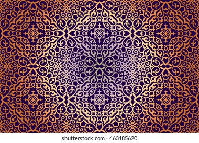 Seamless abstract arabesque openwork pattern and geometric shapes in bronze on a dark background