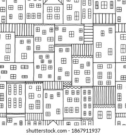 Seamless abstract architectural pattern with cartoon houses. Black and white background. Wallpaper, textile, fabric, coloring book.