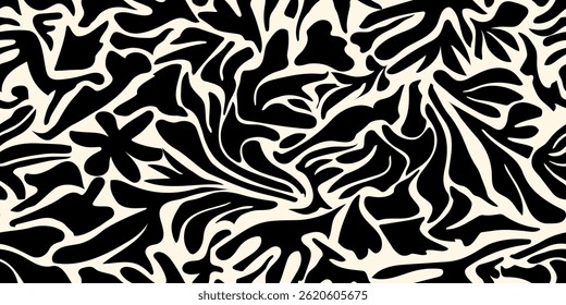 Seamless abstract art backdrops. Botanical brush doodle designs. Endless decorative curl elements. Black blossom bud textures. Hand-drawn decor background patterns. Fabric texture illustration