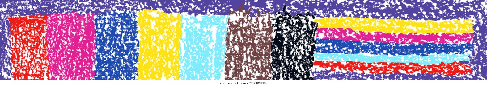 Borde artístico abstracto, banner o fondo de marco sin inconvenientes. Elemento de diseño dibujado a mano en un cajón. Multicolor como los niños estiman la textura divertida. Pulsaciones de pincel con tiza o con lápiz vectorial