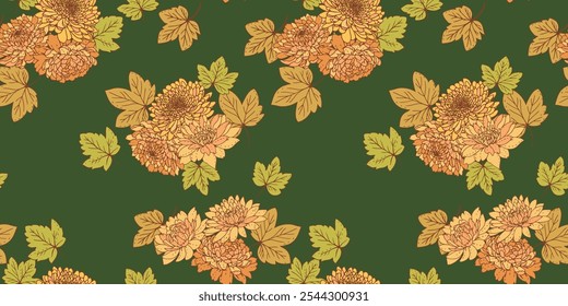 Patrón artístico abstracto inconsútil de las flores en el fondo verde. Vector dibujado ilustración otoño florales. Estilizado ramo de peonías de dalia impresión de crisantemo. Ornamento de la Naturaleza para los diseños, tela