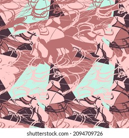 Seamless abstract artwork with curved geometry pattern and chaotic grunge circles