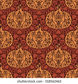 Seamless abstract autumn natural pattern. Ornament with floral elements and decorative pumpkins. Thanksgiving colorful background